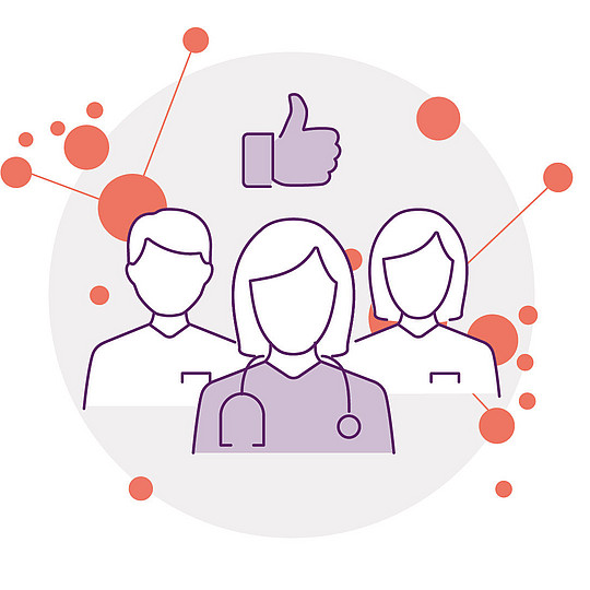 Illustration von drei umrissenen Figuren mit kreisförmigen Knoten und Linien im Hintergrund. Die zentrale Figur trägt ein Stethoskop, das Gesundheitsfürsorge symbolisiert. Darüber steht ein Daumen-hoch-Symbol für Zustimmung oder Erfolg.