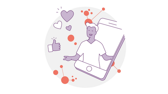 Illustration einer Person, die aus einem Smartphone-Bildschirm auftaucht, umgeben von Herzsymbolen und einem Daumen-hoch-Symbol. Der Hintergrund besteht aus abstrakten Kreisen und Verbindungslinien.