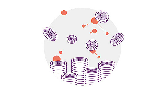 Illustration von gestapelten und schwebenden Münzen mit Euro-Symbolen. Der Hintergrund zeigt abstrakte rote Kreise und Linien, die Verbindungen oder ein Diagramm suggerieren. Die Farbgebung ist hauptsächlich in Lila und Rot gehalten.