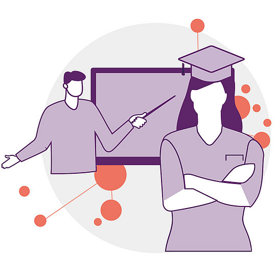 Illustration: Eine Person erklärt etwas vor einer Tafel, im Vordergrund ist eine Frau mit langen Haaren und einer Absolventinnen-Mütze einer Universität zu sehen.