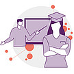 Illustration: Eine Person erklärt etwas vor einer Tafel, im Vordergrund ist eine Frau mit langen Haaren und einer Absolventinnen-Mütze einer Universität zu sehen.