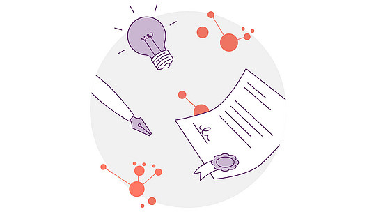 Illustration einer Glühbirne, eines Füllfederhalters und einer Urkunde mit Schleife, umgeben von orangefarbenen abstrakten Punkten und Linien, die Ideen, Kreativität und Leistung symbolisieren.