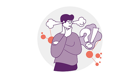 Illustration: Eine Person hat die Arme vor der Brust verschränkt und hält mit einer Hand ihr Kinn. Aus ihren Ohren kommt Dampf.