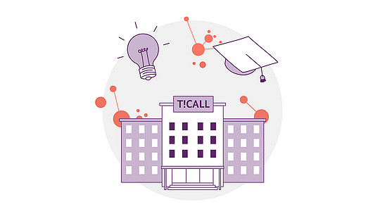 Abbildung eines Gebäudes mit der Aufschrift „T!CALL“, über dem eine Glühbirne und eine Abschlusskappe schweben. Orange Punkte und Linien verbinden die Elemente und symbolisieren Innovation und Bildung. Im Hintergrund ist ein grauer Kreis zu sehen.