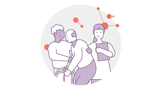 Illustration von drei Personen: eine mit kurzen Haaren hält ein Klemmbrett, eine andere tröstet eine ältere Person mit einem Stock. Abstrakte orange und rote Kreise und Linien im Hintergrund suggerieren Verbindung oder Kommunikation.