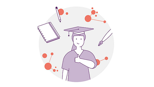 Abbildung einer Person mit Doktorhut, die den Daumen hochhält. Um sie herum schweben ein Notizbuch, ein Stift und abstrakte Molekülstrukturen, die Bildung und Wissen symbolisieren.