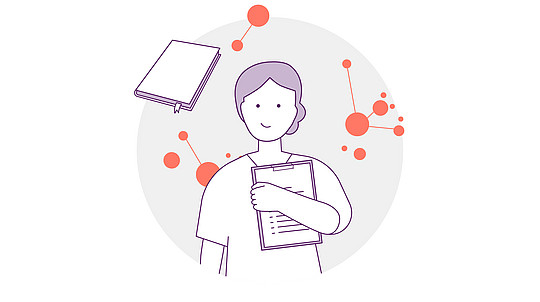 Abbildung einer Person, die ein Klemmbrett hält, mit schwebenden Büchern und orangefarbenen Netzwerkknoten im Hintergrund. Das Design verwendet einen minimalistischen Stil mit einfachen Linien und einer Pastellfarbpalette.