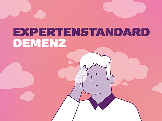 Abbildung einer Person mit verwirrtem Gesichtsausdruck, die ihren Kopf hält, vor einem rosa Hintergrund mit Wolken. Darüber wird der Text „EXPERTENSTANDARD DEMENZ“ angezeigt.