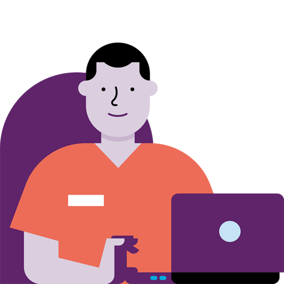 Illustration einer Person mit kurzen schwarzen Haaren, die ein orangefarbenes Hemd trägt, vor einem Laptop sitzt und lächelt, eine Hand hinter dem Kopf verschränkt. Der Hintergrund ist in Lilatönen gehalten.