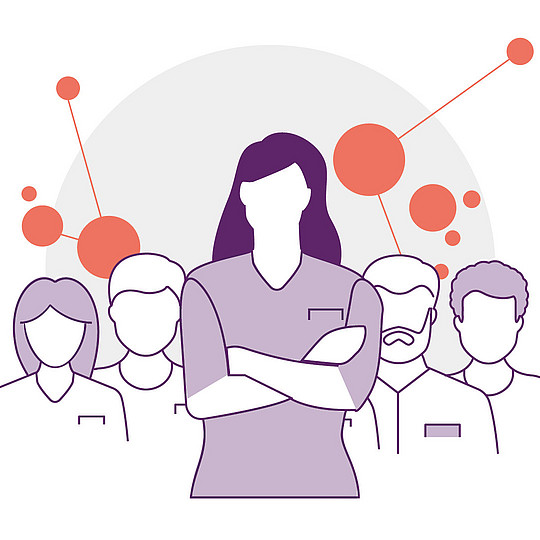 Illustration einer Gruppe von Menschen im minimalistischen Stil, mit einer zentralen Figur, die mit verschränkten Armen dasteht. Im Hintergrund sind abstrakte orange und rote Kreise und Linien zu sehen, die Verbundenheit oder Vernetzung suggerieren.