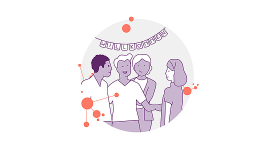 Illustration von vier unterschiedlichen Menschen, die lachen und sich unter einem Banner mit der Aufschrift „Willkommen“ unterhalten. Der Hintergrund besteht aus abstrakten orangefarbenen und roten Kreisen und Punkten, die eine einladende und freundliche Atmosphäre schaffen.