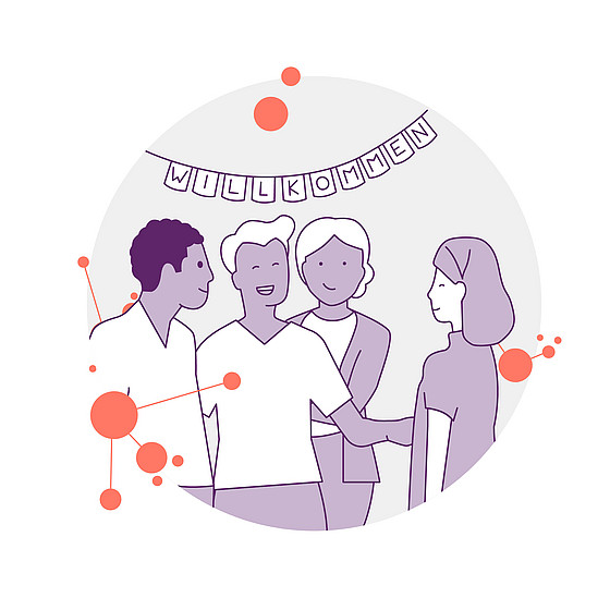 Illustration von vier unterschiedlichen Menschen, die lachen und sich unter einem Banner mit der Aufschrift „Willkommen“ unterhalten. Der Hintergrund besteht aus abstrakten orangefarbenen und roten Kreisen und Punkten, die eine einladende und freundliche Atmosphäre schaffen.