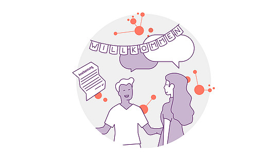 Illustration von zwei Personen, die sich unter einem Banner unterhalten, auf dem „Willkommen“ mit Sprechblasen steht. Ein Dokument mit der Aufschrift „Anerkennung“ schwebt daneben vor einem Hintergrund aus abstrakten orangefarbenen und violetten Formen.