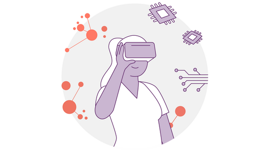 Abbildung einer Person mit Virtual-Reality-Brille, umgeben von abstrakten Darstellungen von Technologie, darunter Schaltkreismuster und Mikrochips. Der Hintergrund zeigt Verbindungspunkte und -linien in Orange und Lila.