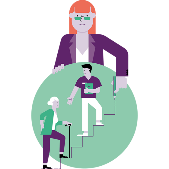 Eine große Gestalt im Anzug wacht darüber, wie eine jüngere Person einer älteren Person mit einem Stock beim Treppensteigen hilft, und symbolisiert so Führung und Unterstützung.