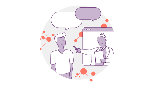 Eine Illustration eines virtuellen Meetings. Eine Person in einem Chatfenster gestikuliert, während sie ein Blatt Papier hält, und blickt einer anderen Person vor dem Fenster zu. Darüber sind zwei Sprechblasen zu sehen, mit orangefarbenen und grauen abstrakten Punkten im Hintergrund.