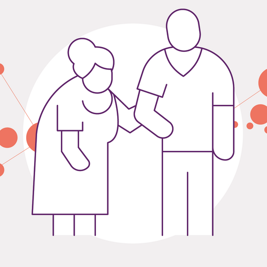 Illustration: Eine ältere Frau, die sich am Arm eines jüngeren Mannes abstützt.