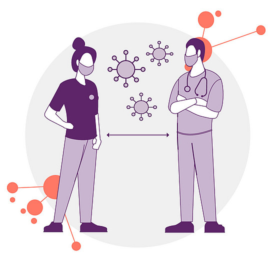 Illustration: Zwei Personen stehen sich gegenüber. Sie tragen Masken. Zwischen ihnen fliegen Coronaviren.