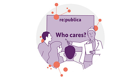 Illustration einer Person, die vor einem kleinen Publikum präsentiert. Auf einem Bildschirm steht der Text „re:publica, who cares?“. Die Szene ist von orangefarbenen Punkten und Linien umgeben, die ein verbundenes Netzwerk suggerieren.