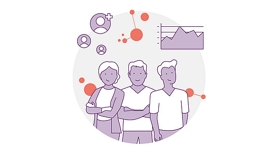 Abbildung von drei zusammenstehenden Personen, umgeben von abstrakten Designs, darunter Benutzersymbole, ein Netzwerk aus Kreisen und ein Diagramm. Das Farbschema ist überwiegend lila und orange.