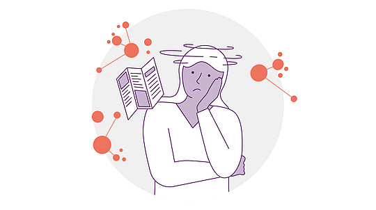 Illustration einer Person mit verwirrtem Gesichtsausdruck, die ihren Kopf auf eine Hand stützt. Ein schwebendes Buch und wirbelnde Linien um ihren Kopf suggerieren Verwirrung. Der Hintergrund zeigt abstrakte rote Kreise und Linien.