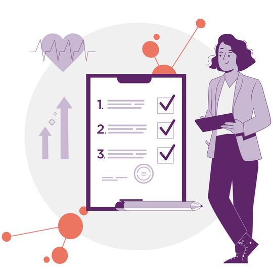 Illustration: Frau mit Tablet steht neben einer überdimensionalen Checkliste