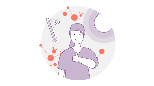 Abbildung einer Person mit einem Thermometer neben sich, das 30 Grad anzeigt. Im Hintergrund sind orangefarbene geometrische Formen und eine Sonne zu sehen. Die Person hat mittellanges Haar, trägt ein Hemd und lächelt leicht.