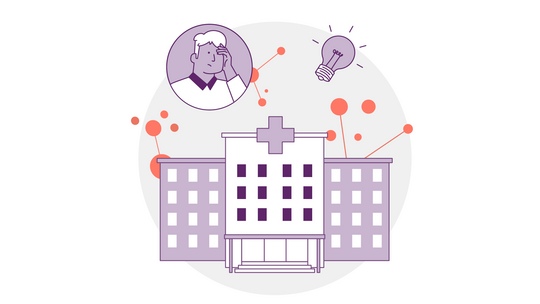 Abbildung eines Krankenhausgebäudes in Lilatönen. Darüber ist eine denkende Person mit einer Glühbirne zu sehen, die eine Idee symbolisiert. Verbundene Punkte umgeben die Szene und deuten auf Konnektivität oder Vernetzung hin.