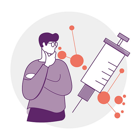 Illustration: Eine Person hat die Arme vor der Brust verschränkt und hält mit einer Hand ihr Kinn. Daneben eine Spritze.