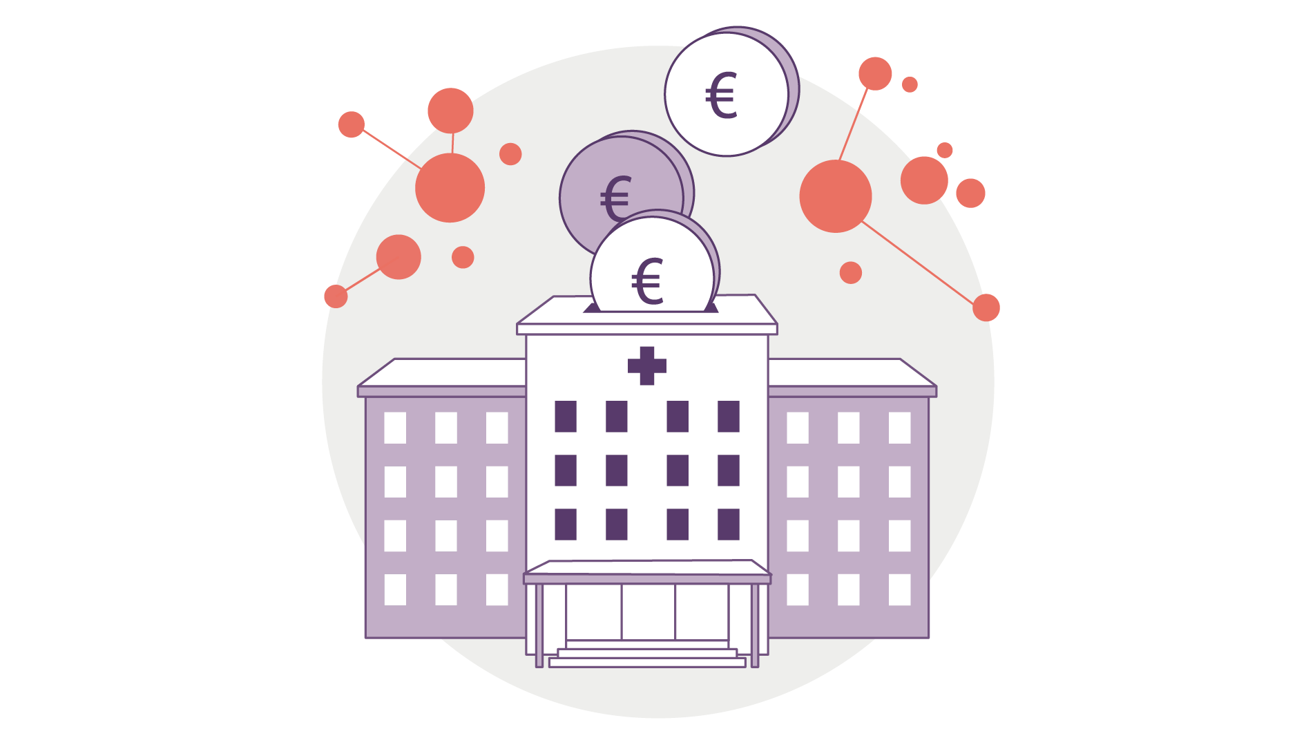 Illustration eines Krankenhausgebäudes mit Euromünzen darüber, umgeben von abstrakten roten Kreisen und Linien, die finanzielle Investitionen in das Gesundheitswesen symbolisieren.