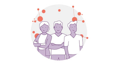 Illustration von drei zusammenstehenden Personen, jede mit kurzen Haaren, vor einem abstrakten Hintergrund mit orangefarbenen Kreisen und Linien. Die Figuren sind in einem einfachen, minimalistischen Stil mit violetter Schattierung gezeichnet.