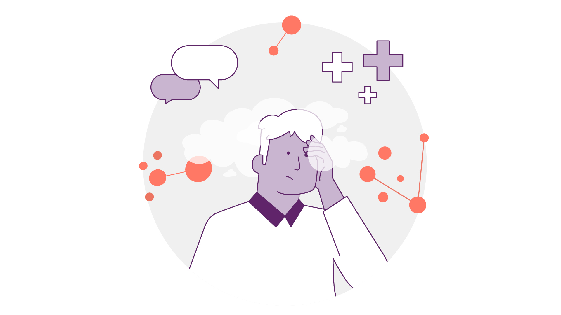 Abbildung einer Person, die ihren Kopf hält, umgeben von Denkblasen, Kreuzen und Netzwerkdiagrammen. Die Farbpalette besteht überwiegend aus Lila und Orange.