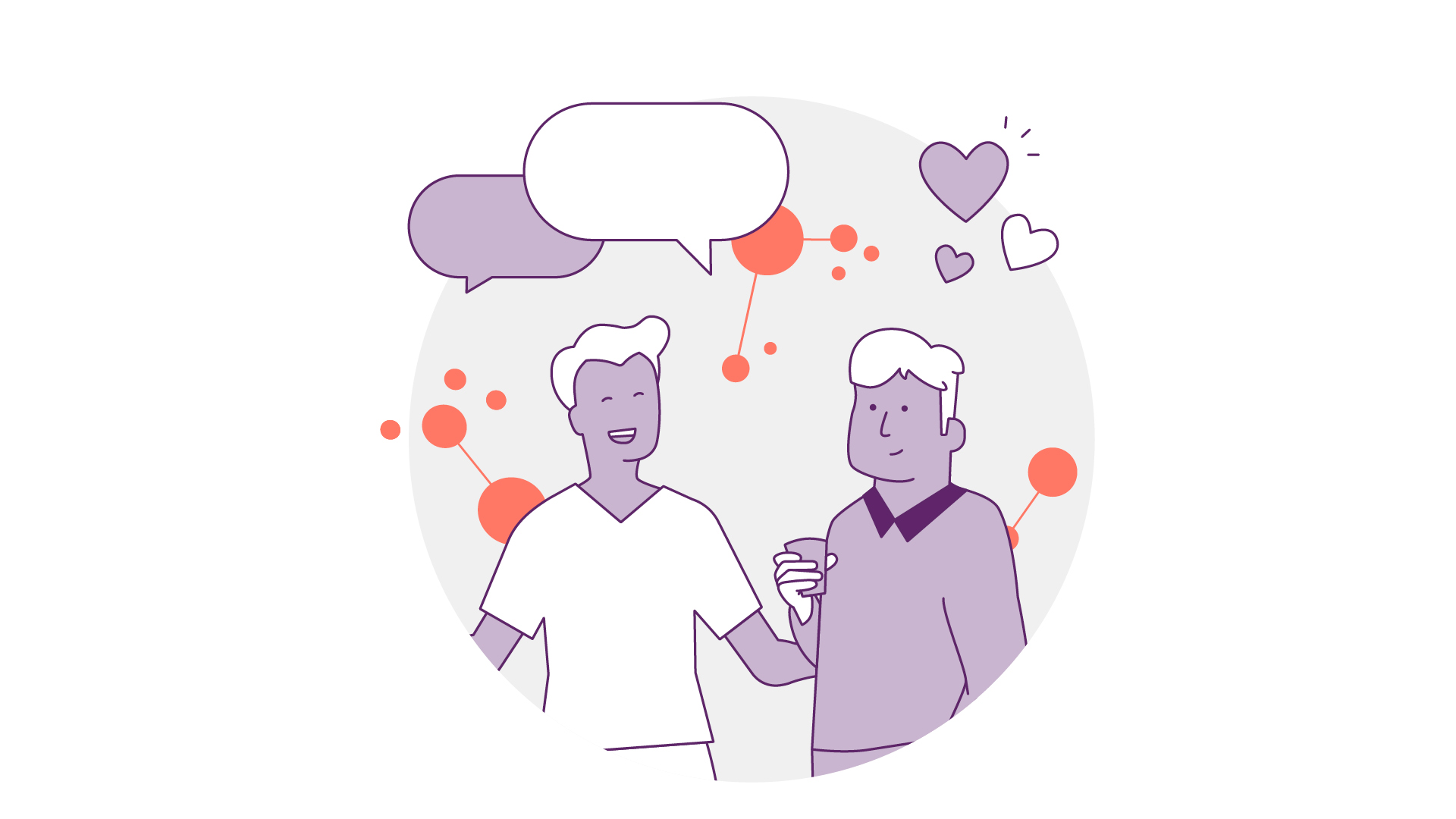 Abbildung von zwei Personen, die lächeln und Händchen halten. Eine hat eine Sprechblase, die ein Gespräch andeutet. Im Hintergrund sind verbundene Punkte zu sehen.