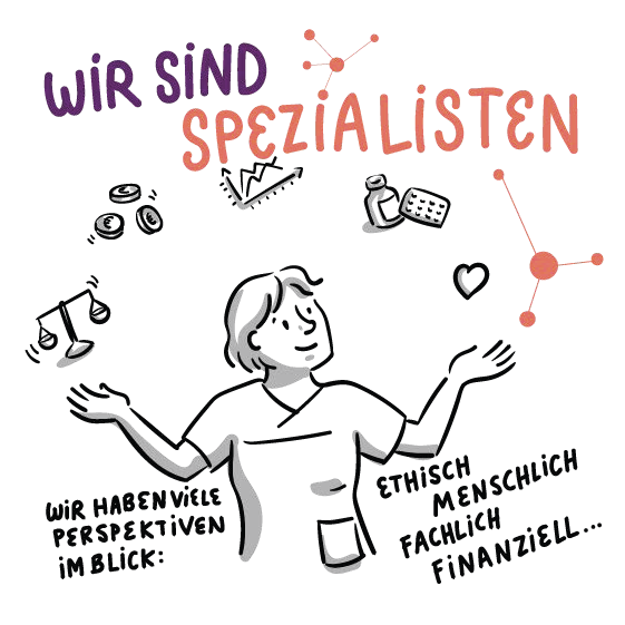 Illustriertes Bild eines Gesundheitsexperten mit ausgestreckten Armen, umgeben von medizinischen und finanziellen Symbolen. Der deutsche Text lautet „Wir sind Spezialisten“ und hebt ethische, menschliche, berufliche und finanzielle Perspektiven hervor.