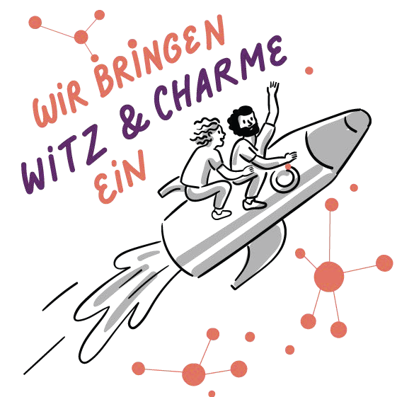Zwei abgebildete Personen reiten auf einer Rakete, eine davon mit lockigem Haar und winkend. Im Hintergrund steht der Text „Wir bringen Witz & Charme ein“. Bunte abstrakte Punkte und Linien umrahmen die Szene.