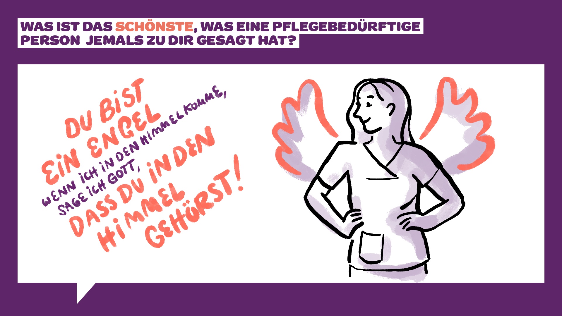Eine Skizze einer Person mit Engelsflügeln, die Hände in die Hüften gestemmt und zur Seite schauend. Deutscher Text oben: „Was ist das Schönste, was eine pflegebedürftige Person jemals zu dir gesagt hat?“ Text daneben: „Du bist ein Engel, wenn ich in den Himmel komme, sage ich Gott, dass du in den Himmel gehörst!“.