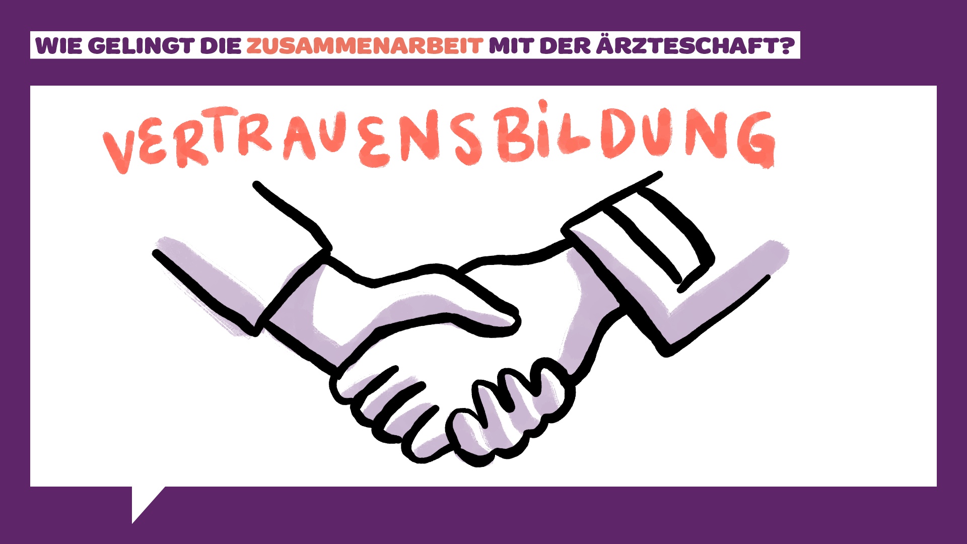 Illustration zweier Hände, die sich schütteln und die Zusammenarbeit symbolisieren. Der obige Text lautet: „Wie gelingt die Zusammenarbeit mit der Ärzteschaft?“ und „Vertrauensbildung“ in prominenten Buchstaben. Der Hintergrund ist lila mit einer weißen Sprechblase.