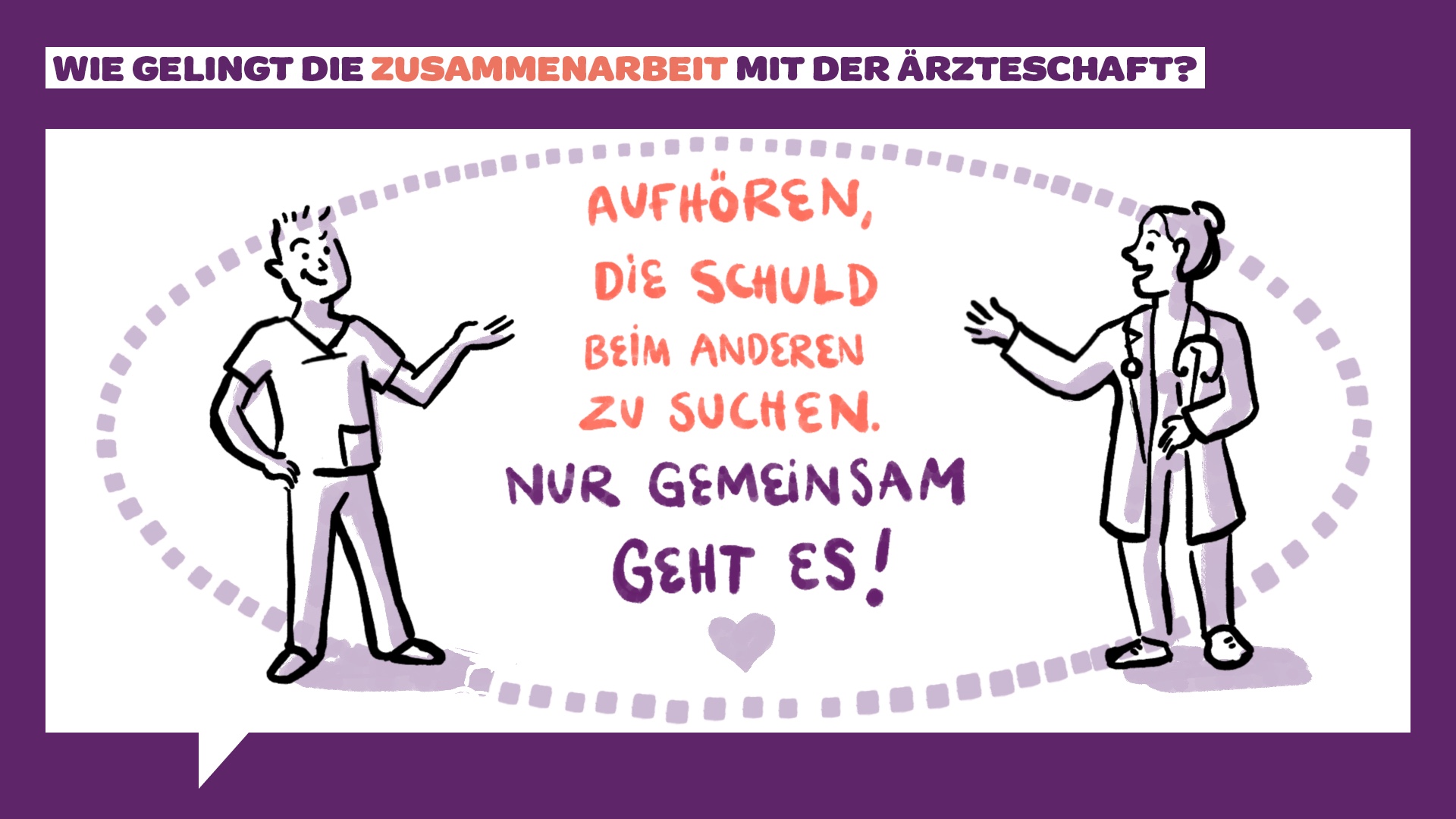 Eine Comic-Illustration zeigt zwei medizinische Fachkräfte, eine Krankenschwester und einen Arzt, die sich gegenüberstehen. Der Text dazwischen lautet: „Aufhören, die Schuld beim anderen zu suchen. Nur gemeinsam geht es!“ Auf der Umrandung steht: „Wie gelingt die Zusammenarbeit mit der Ärzteschaft?“.