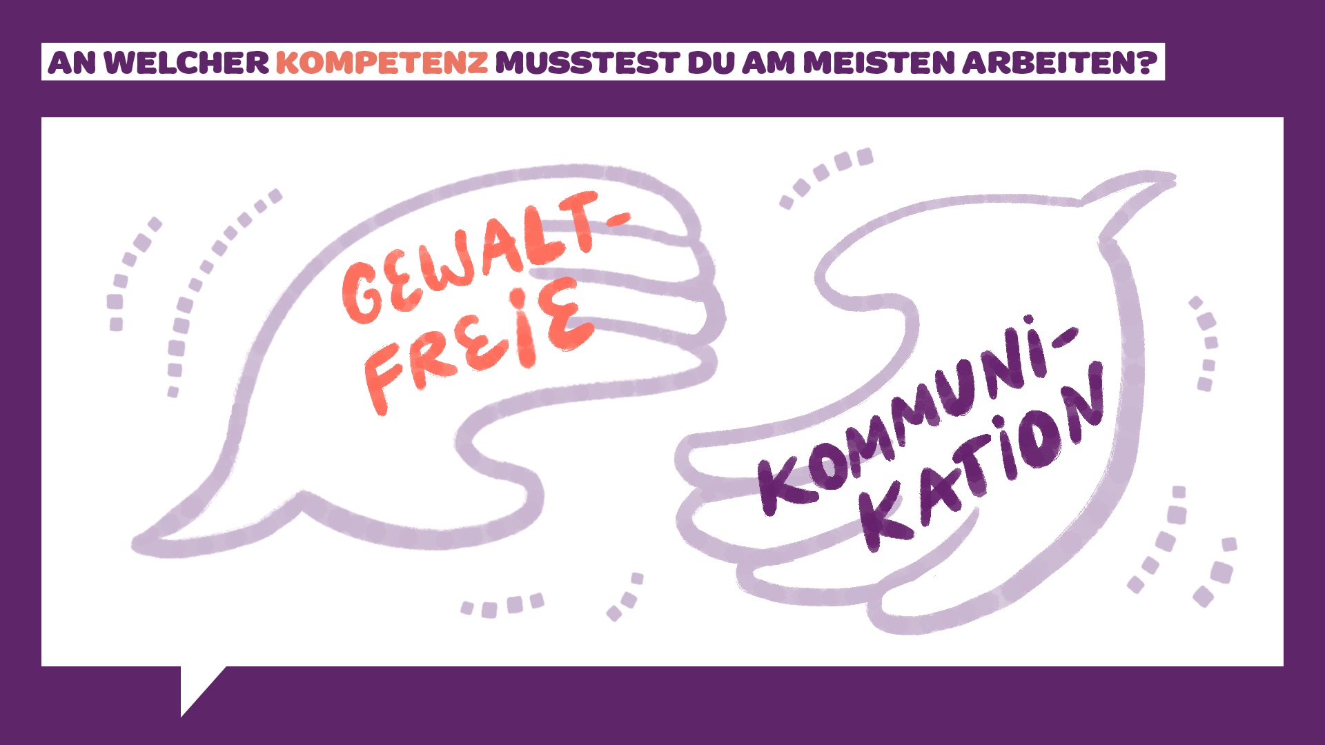 Das Bild zeigt zwei stilisierte Handformen. Auf einer Hand ist in Rot „GEWALTFREIE“ und auf der anderen Hand in Lila „KOMMUNIKATION“ beschriftet. Der Titel oben lautet: „AN WELCHER KOMPETENZ MUSSTEST DU AM MEISTE ARBEITEN?“ auf violettem Hintergrund.