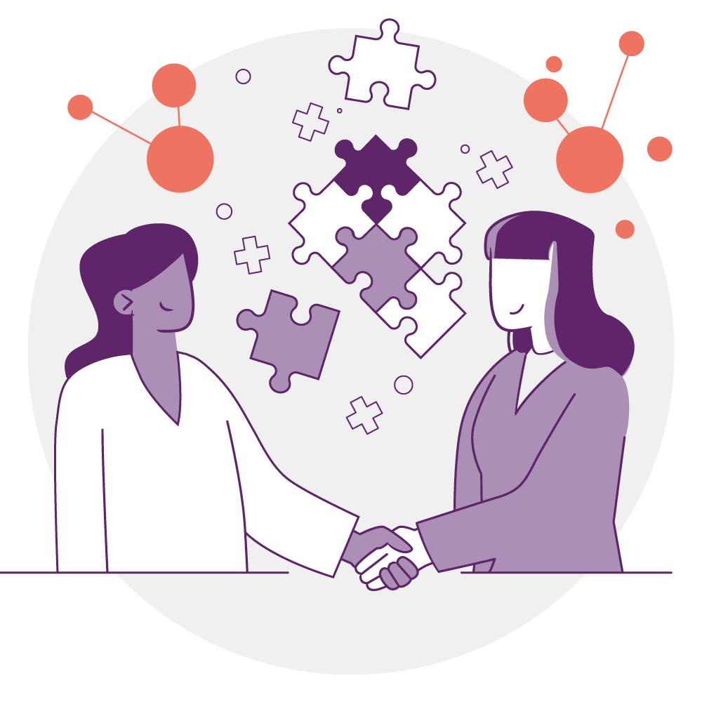 Illustration von zwei Menschen, die sich die Hände schütteln, umgeben von Puzzleteilen und abstrakten geometrischen Formen. Das Bild symbolisiert Zusammenarbeit und Partnerschaft.