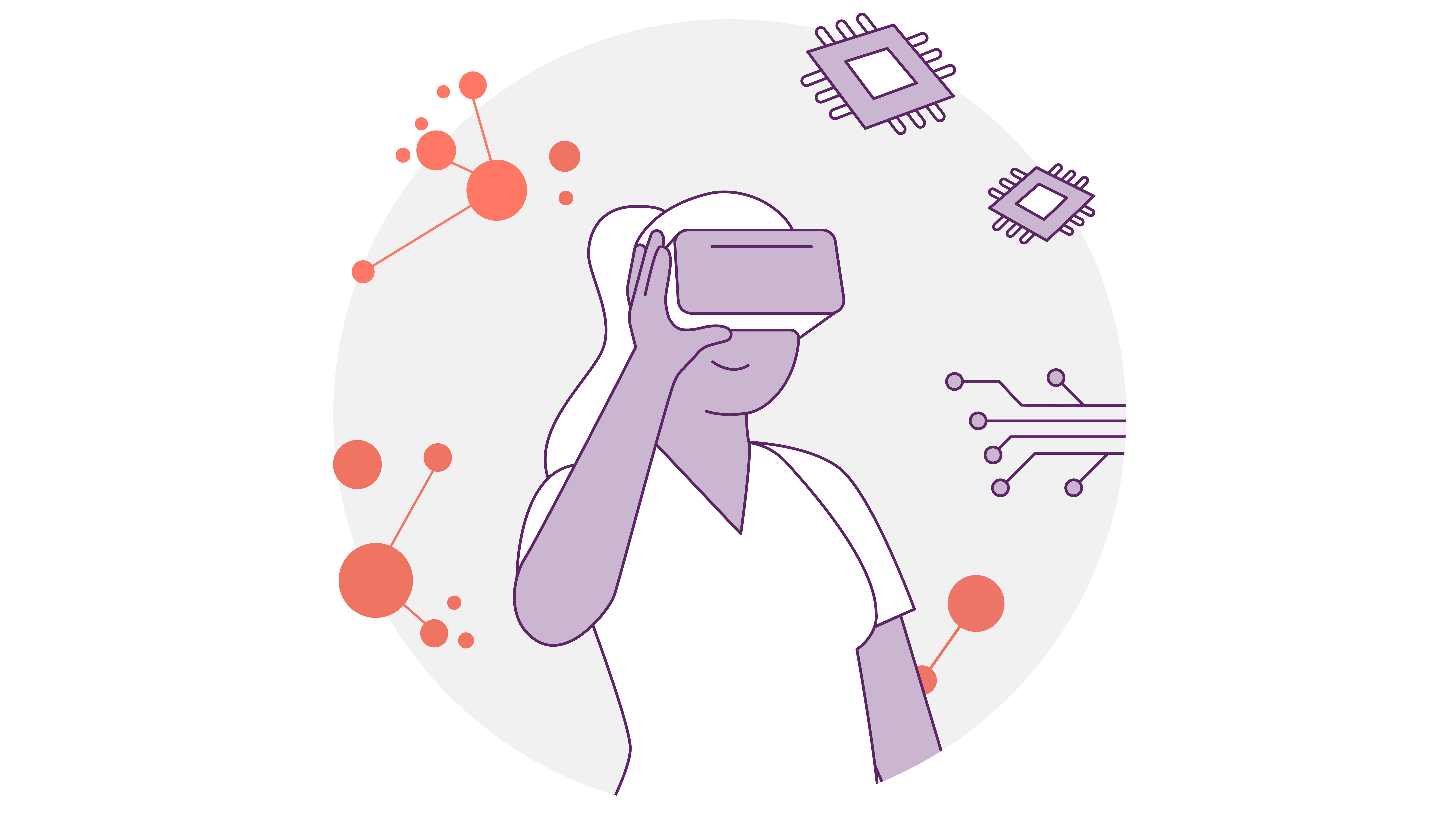 Abbildung einer Person mit Virtual-Reality-Brille, umgeben von abstrakten Darstellungen von Technologie, darunter Schaltkreismuster und Mikrochips. Der Hintergrund zeigt Verbindungspunkte und -linien in Orange und Lila.