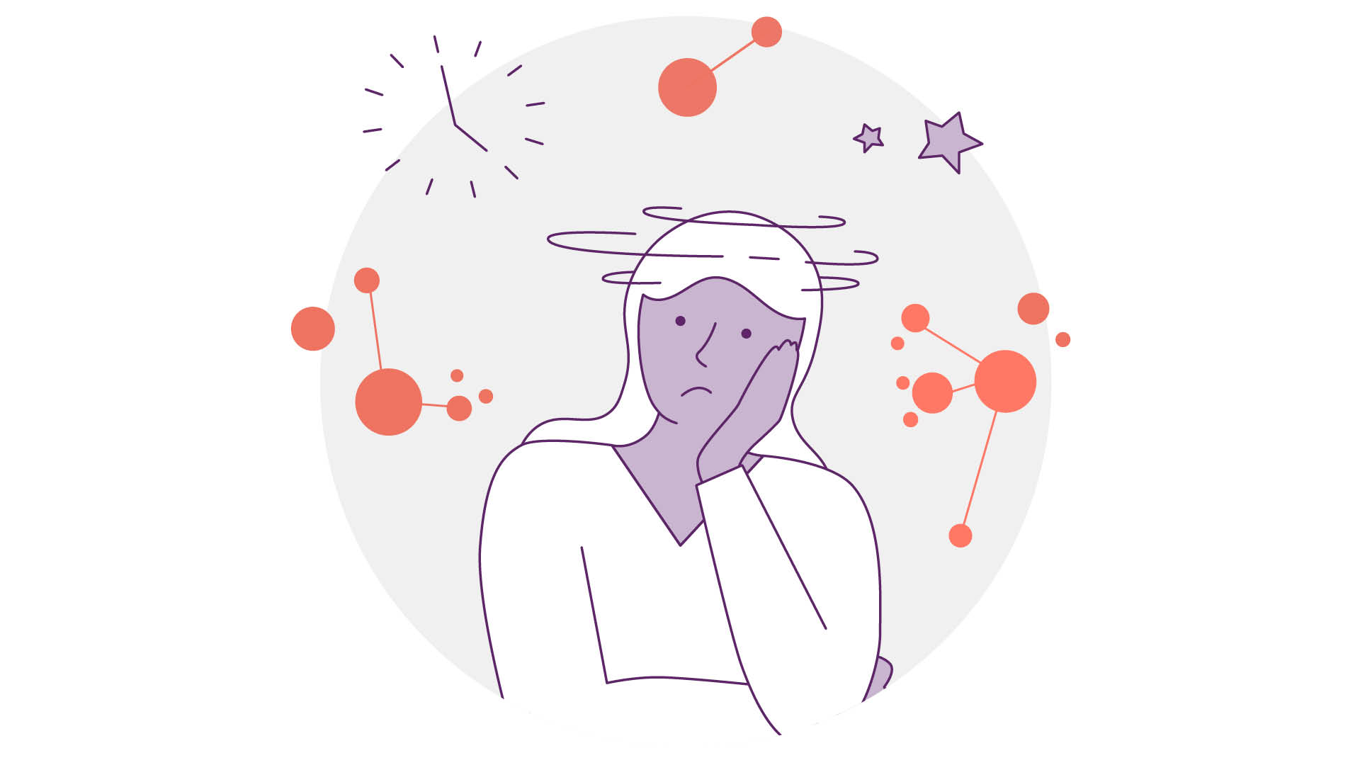 Abbildung einer Person mit verwirrtem Gesichtsausdruck, die ihren Kopf auf eine Hand stützt. Sie ist von violetten und orangefarbenen Kreisen und Sternen sowie einer Uhr umgeben, was auf Verwirrung oder tiefes Nachdenken hindeutet.