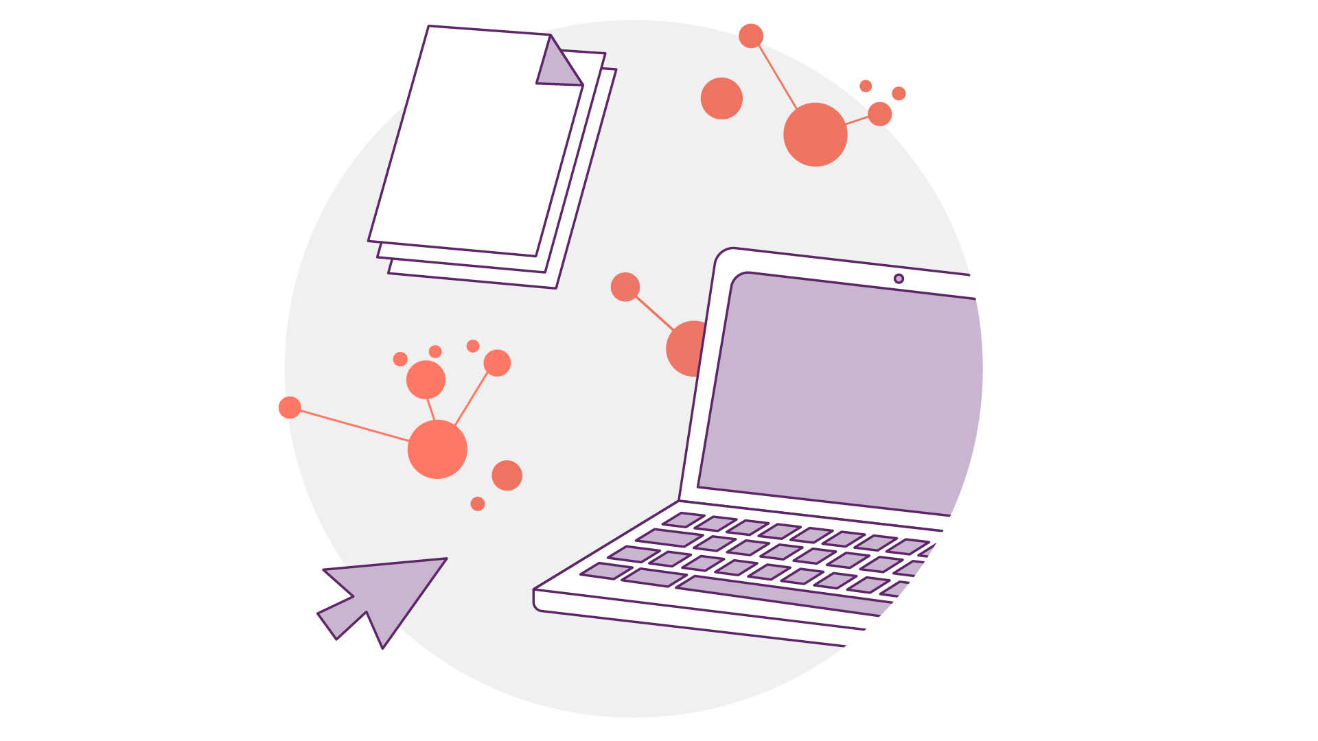 Eine Illustration mit einem Laptop und Blättern mit miteinander verbundenen orangefarbenen Kreisen, die einem Netzwerk ähneln. Daneben ist ein großer Pfeilzeiger abgebildet, alles vor einem kreisförmigen grauen Hintergrund.