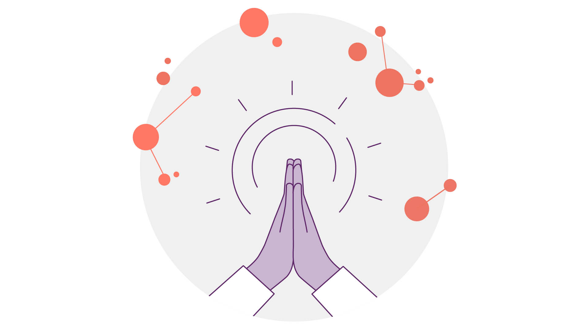 Illustration von zwei Händen in einer Gebetsgeste, umgeben von abstrakten orangefarbenen Kreisen und Linien, vor einem hellgrauen, kreisförmigen Hintergrund mit einem sonnenähnlichen Design.