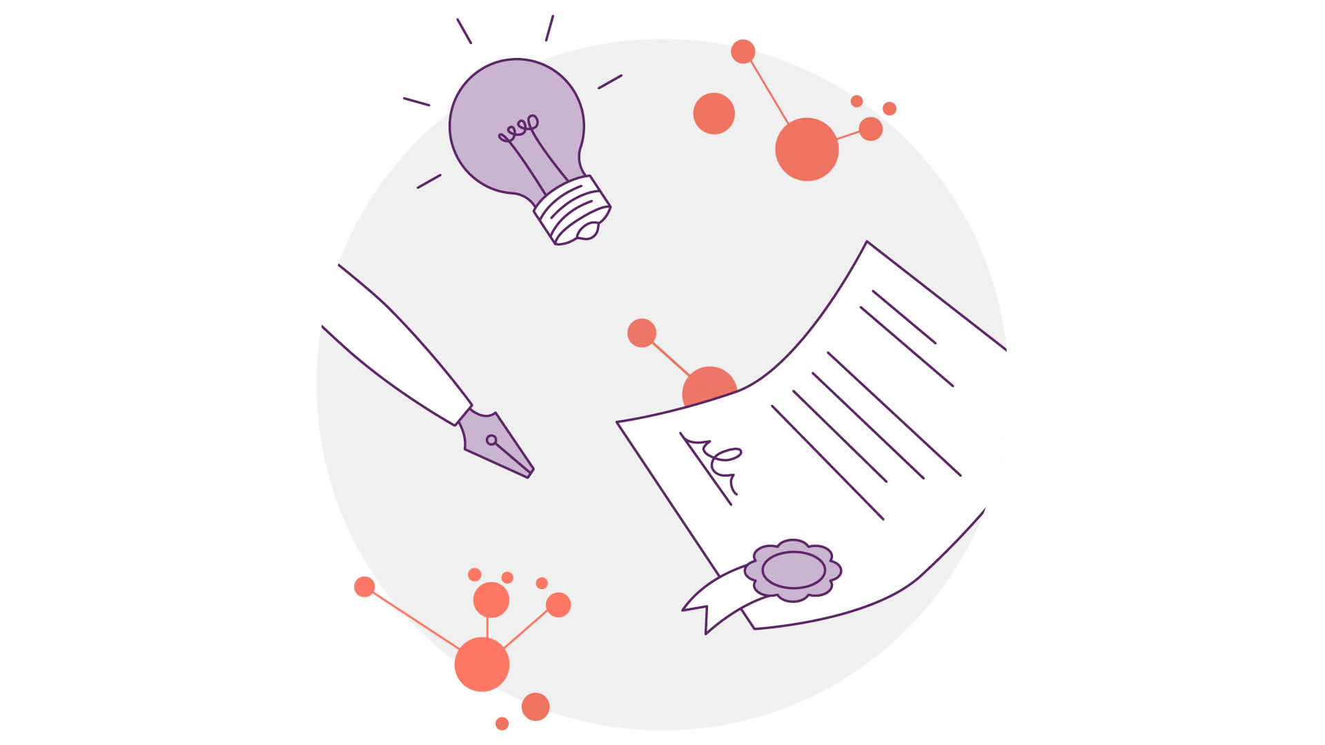 Illustration einer Glühbirne, eines Füllfederhalters und einer Urkunde mit Schleife, umgeben von orangefarbenen abstrakten Punkten und Linien, die Ideen, Kreativität und Leistung symbolisieren.