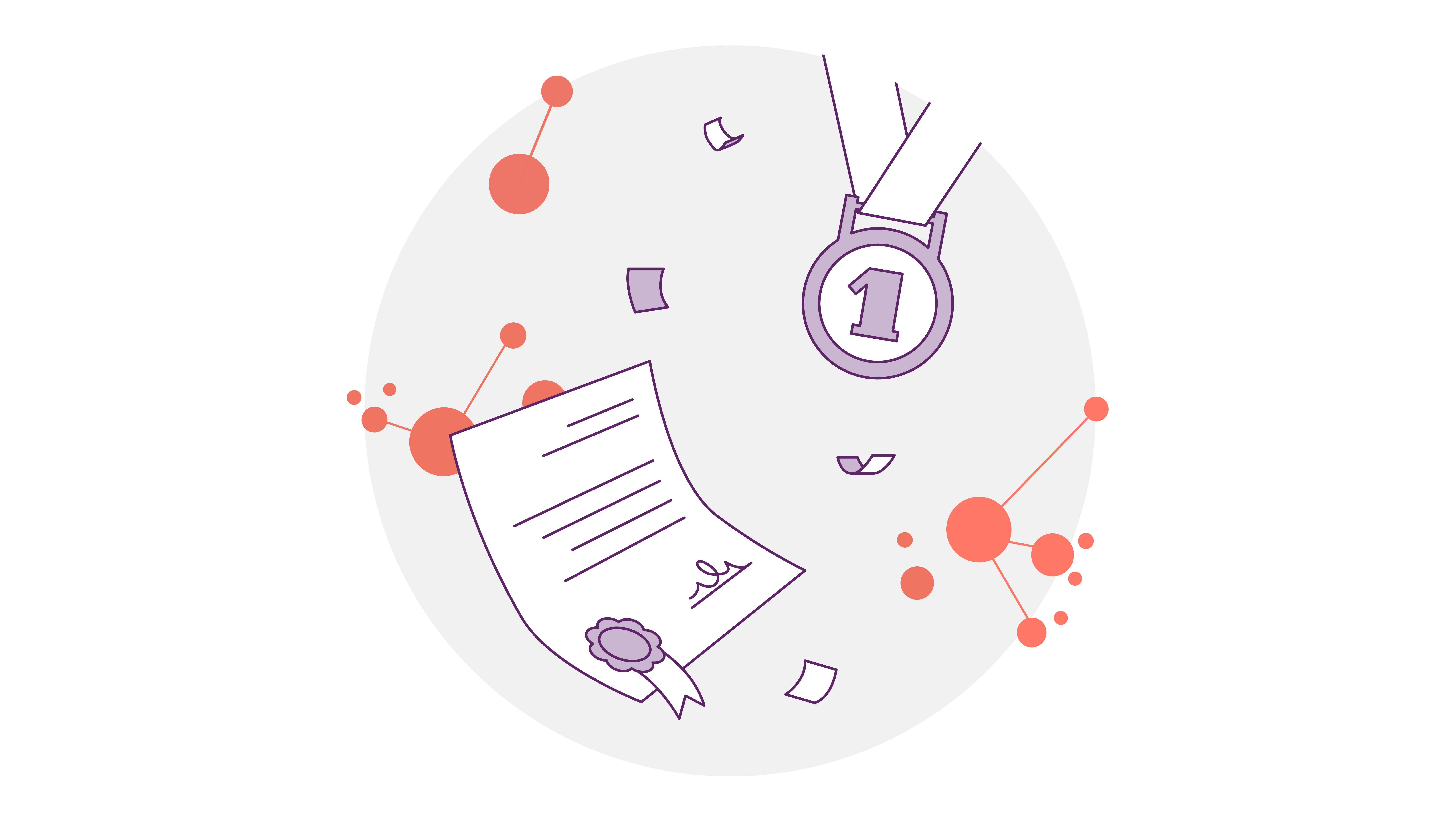 Abbildung einer Medaille für den ersten Platz und einer Urkunde mit Siegel, umgeben von abstrakten rot-orangen Kreisen und Linien auf hellgrauem, kreisförmigem Hintergrund.