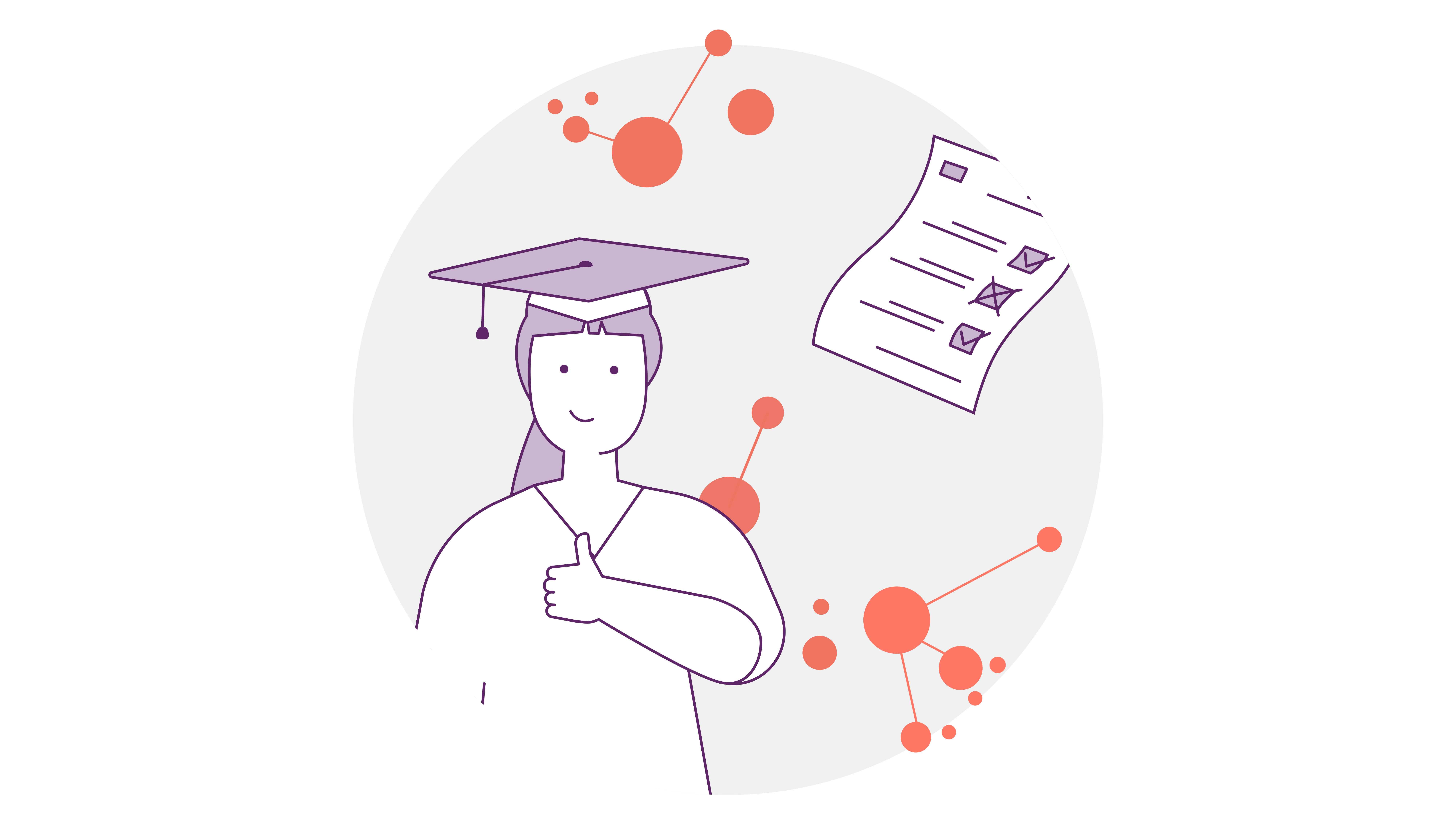 Abbildung eines Absolventen mit Mütze, der den Daumen hochhält. Er steht neben einer Checkliste mit Molekülstrukturen im Hintergrund.