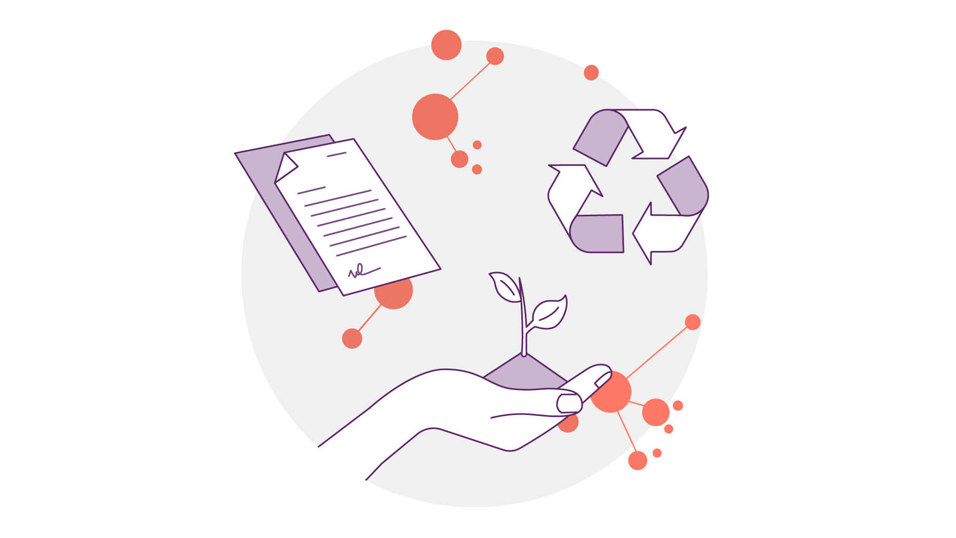 Abbildung einer Hand, die eine kleine Pflanze hält, um die herum ein unterschriebenes Dokument und ein Recycling-Symbol schweben. Der Hintergrund zeigt abstrakte rote Kreise und Linien, die Verbundenheit und Nachhaltigkeit suggerieren.