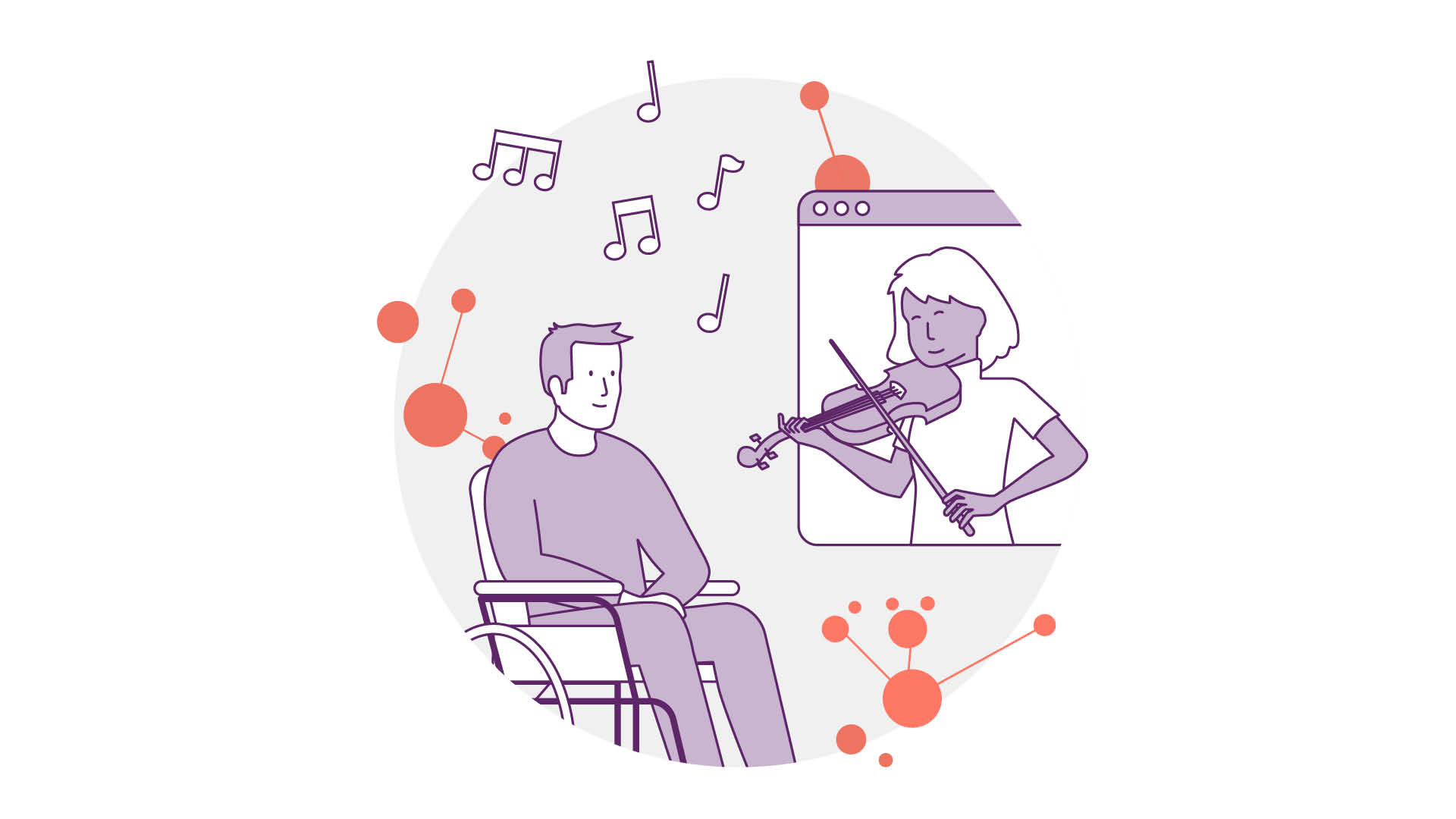 Illustration einer Person im Rollstuhl, die sich ein Video von jemandem ansieht, der Geige spielt. Musiknoten und bunte abstrakte Kreise betonen die Szene.