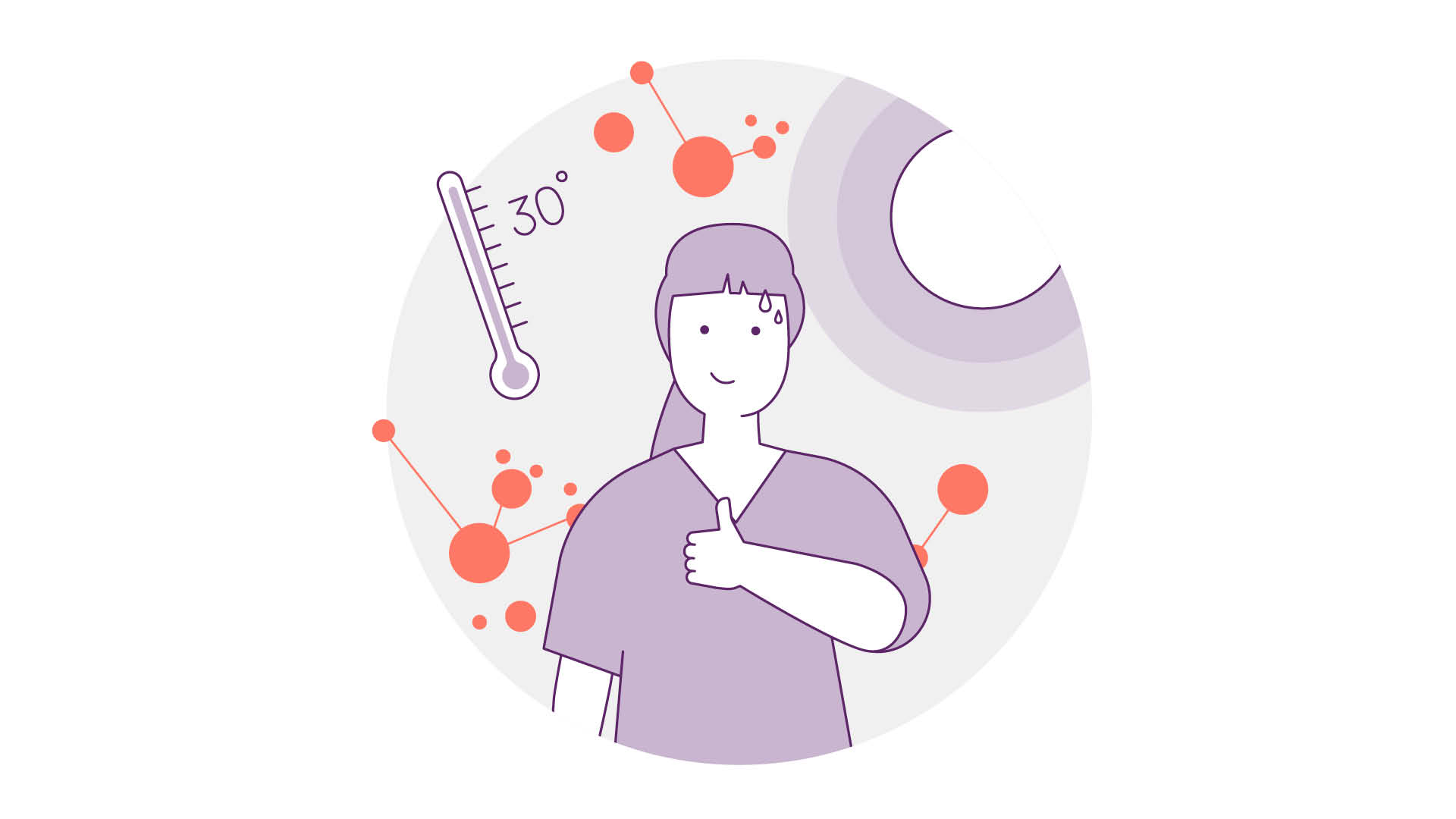 Abbildung einer Person mit einem Thermometer neben sich, das 30 Grad anzeigt. Im Hintergrund sind orangefarbene geometrische Formen und eine Sonne zu sehen. Die Person hat mittellanges Haar, trägt ein Hemd und lächelt leicht.